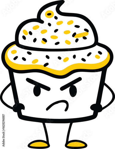 Angry cupcake cartoon character with hands on hips. Funny grumpy dessert mascot illustration with an upset expression.