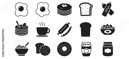Minimalist breakfast icons depicting various food items on a clean white background