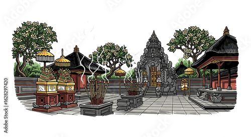Illustration of a Balinese temple complex with shrines, offerings, and trees, showcasing traditional architecture and cultural elements.