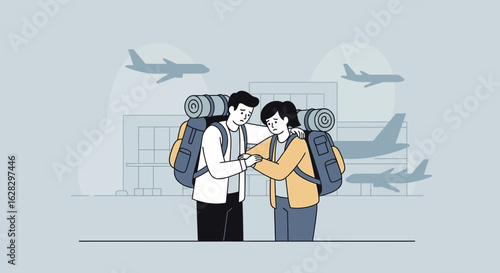 Illustration of a couple traveling with backpacks in front of the airport terminal feeling sad