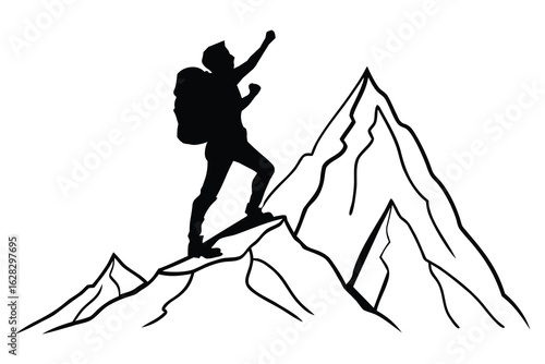 Flat silhouette of a mountain climber reaching the top