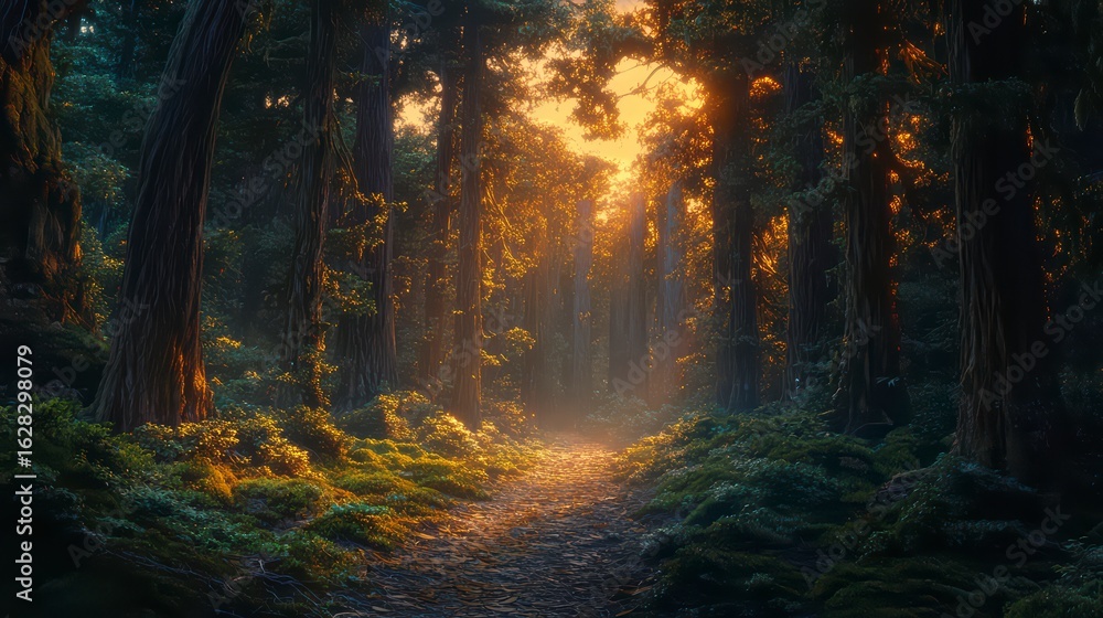 Fototapeta premium Forest path is lit by the sun, creating a warm and inviting atmosphere