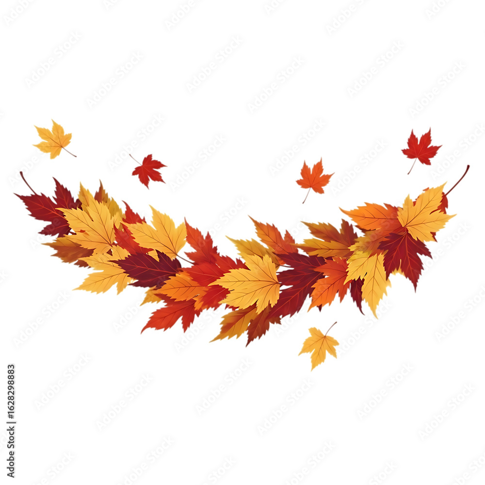 Fototapeta premium A decorative border of colorful autumn maple leaves in shades of red, orange, and yellow, isolated on a transparent background