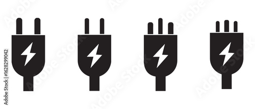 Electrical Plug Icon Set. 2 to 5 Prong Designs with Lightning Bolt Symbols.