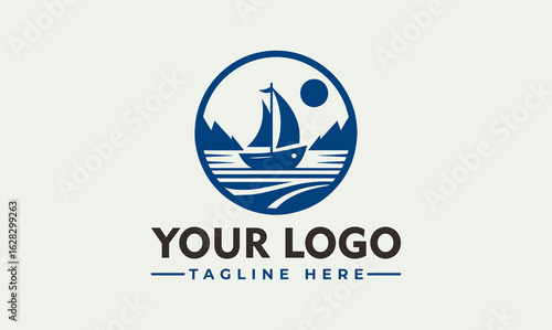 A sailboat sailing on the water with mountains and a sun in the background, all enclosed in a circle.