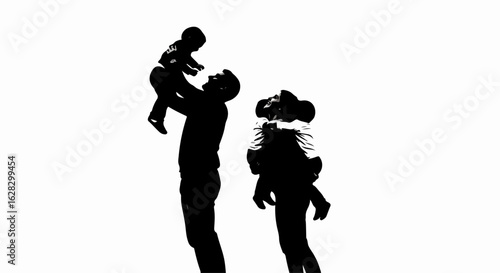Stylized black silhouette of a loving family of four playing joyfully together.