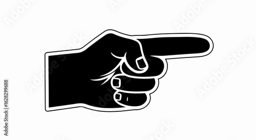 Bold black and white graphic of a hand pointing right, with a thick outline and stylized details.