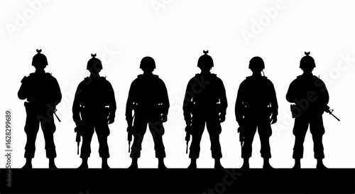 Black silhouette of six soldiers in full combat gear standing in a row.