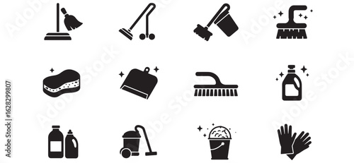 Vector icons depicting cleaning supplies and household chores in a clean design