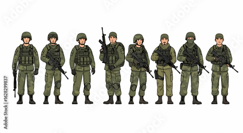 Cartoon illustration of a military squad in green camouflage, tactical vests, and holding various assault rifles.