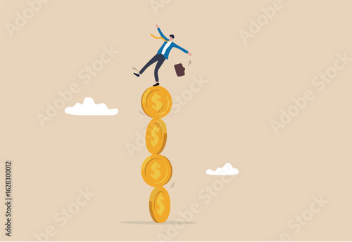 Financial instability, uncertainty or unstable investment market, risky situation or economic recession, crisis or bankruptcy concept, businessman investor falling from stack of unstable money coins.