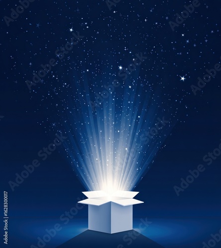 White gift box glowing with magical light and sparkling stars on deep blue background, fantasy surprise concept, dreamy and imaginative visual effect
