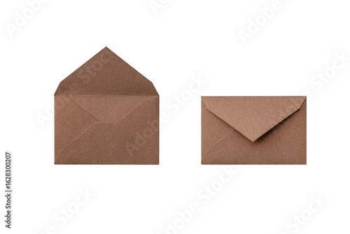 Cutout of an open and closed brown side of brown envelope with lame seen from overhead	
