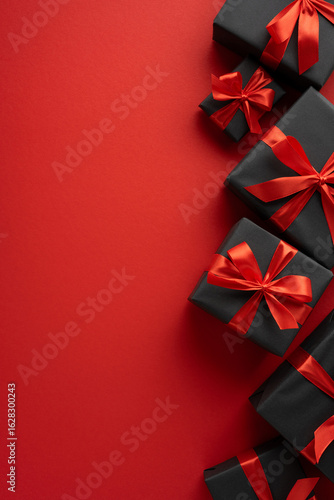 Beautifully wrapped black gift boxes adorned with red ribbons, placed on a vertical bold red backdrop, conveying elegance, festive celebration, and style