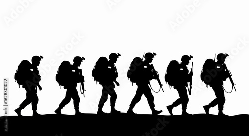 Monochrome silhouette of a military infantry patrol marching in a line with full combat gear, backpacks, and rifles.