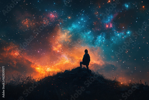 Person sitting on hill gazing at stars.