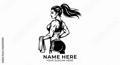 Powerful fitness woman with a muscular back and flowing ponytail, in a black and white graphic style.