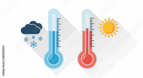 Red and blue thermometers with sun and snow icons representing hot and cold weather.