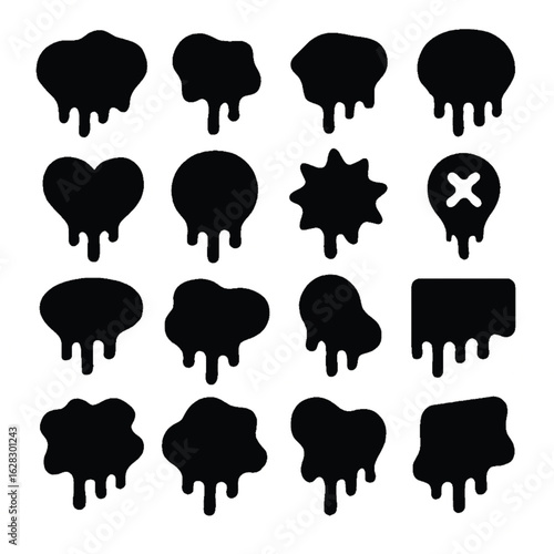 Set of black dripping liquid shapes and melting ink blob silhouettes