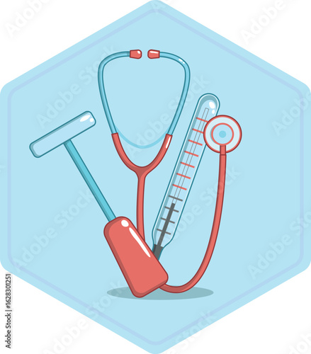 Flat hexagon medical icon showing three classic diagnostic tools a stethoscope, a reflex neurological hammer, and a clinical thermometer. Perfect badge for medical check-ups, healthcare apps