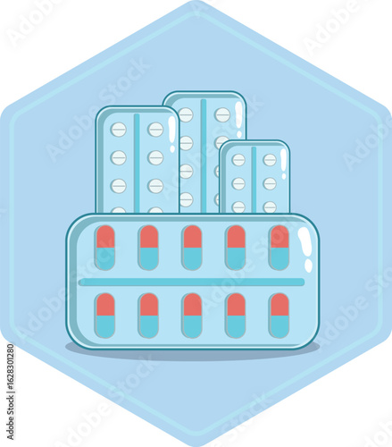 Blister Packs Hexagon Icon Capsule and Tablet Strips for Pharmacy, Medication UI Healthcare Infographics
