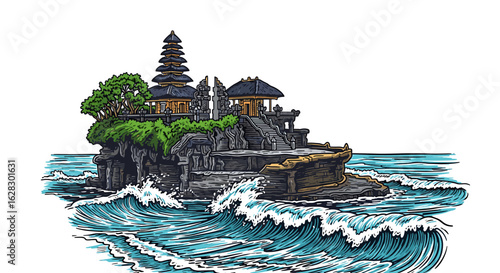 Detailed illustration of Tanah Lot temple in Bali, Indonesia, situated on a rocky outcrop surrounded by ocean waves.