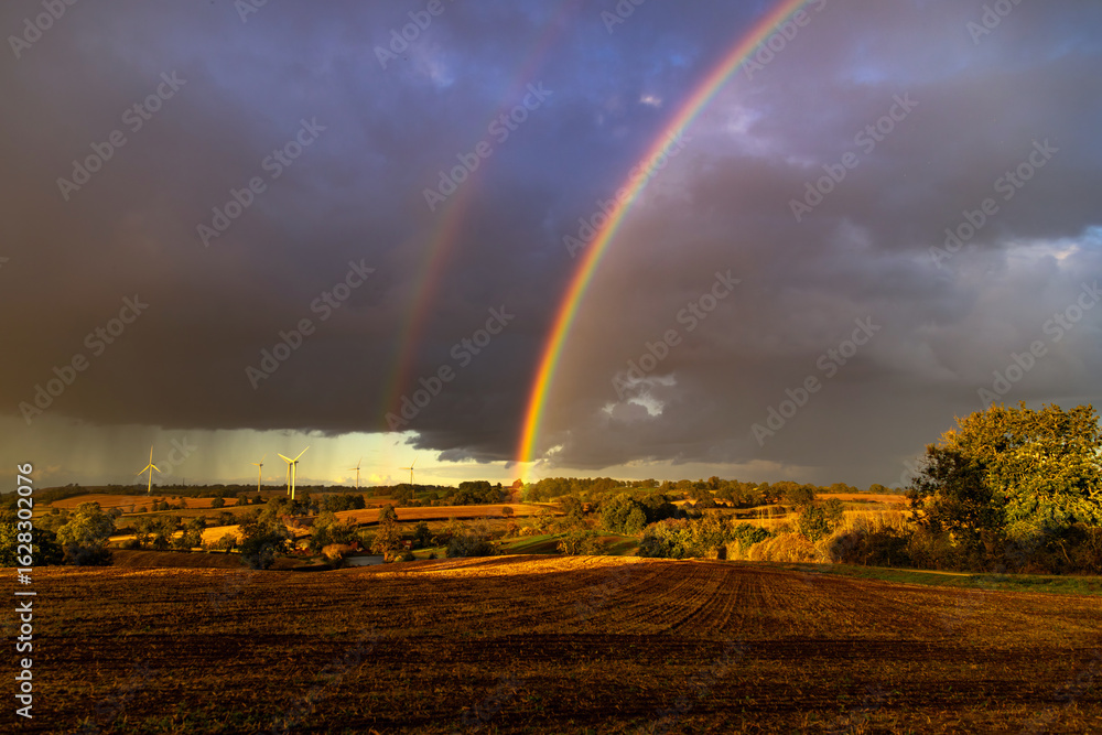 Rainbows and a stormy rain swept sky, above a rural farming landscape, West Haddon, Northamptonshire Rainbows and a stormy rain swept sky, above a rural farming landscape, West Haddon, Northamptonshire