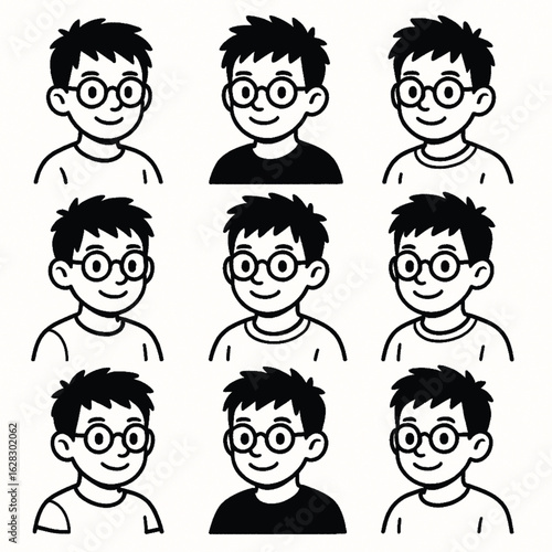 Collection of Smiling Cartoon Boy with Glasses in Different Shirt Styles