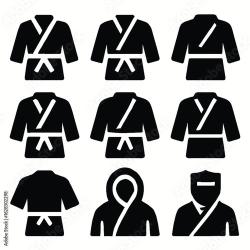 Collection of various martial arts uniforms and combat sports attire silhouettes, representing different disciplines and training apparel.