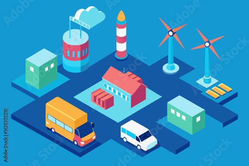 Isometric illustration of a modern city with renewable energy sources and transportation