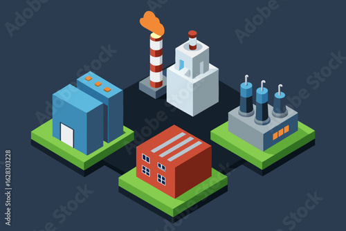 Isometric industrial buildings and factory with smokestack