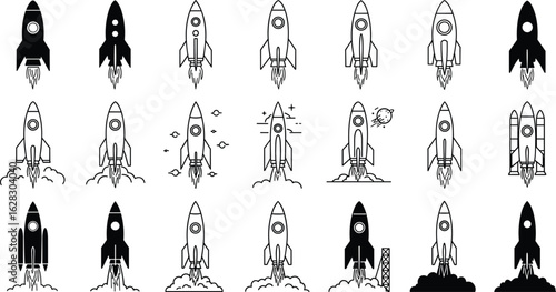 Rocket launch icon set, black and white vector spaceship illustrations, space shuttle symbols, startup launch, isolated rocket collection