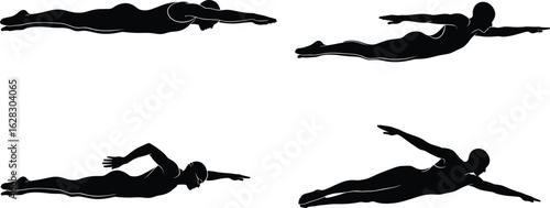 Silhouette swimmer performing strokes, aquatic fitness, competitive swimming illustration, water sports training, athlete exercising, swim technique, black and white design