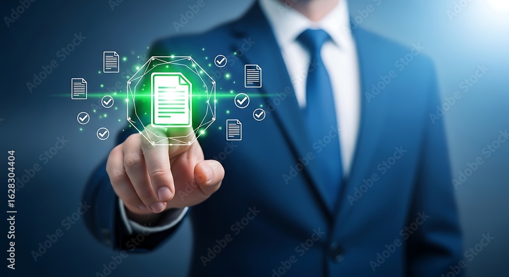 Fototapeta premium Business Professional Interacts With Digital Interface, Managing Documents And Data With Precision And Efficiency For Modern Workflow Solutions