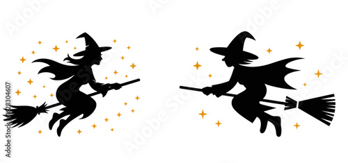 Silhouette vector of flying witches on broomsticks with magical sparkles, Halloween-themed design on transparent background for spooky overlay or festive decoration