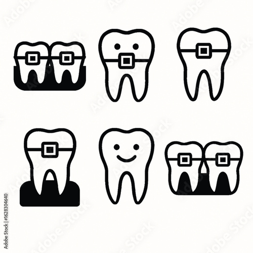Simple black line art icon set for dentistry, orthodontics, and oral hygiene concepts.