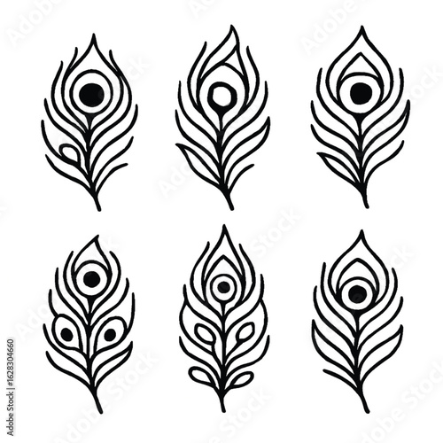 Set of six stylized peacock feather icons in elegant line art style
