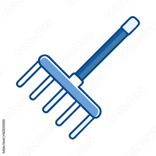 Garden rake tool for yard work in blue outline design  