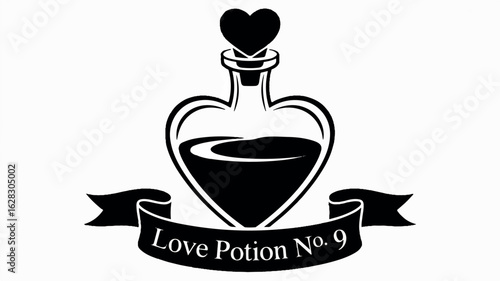 Black and white silhouette of a heart shaped potion bottle with a matching cork perfect for romantic or magical themes