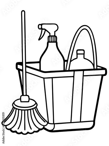 Cleaning caddy with spray bottles and mop for proper nutrition concept  