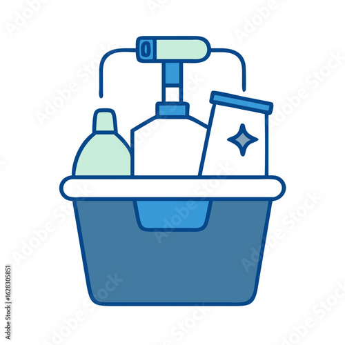 Cleaning caddy with cleaning supplies in blue color scheme 