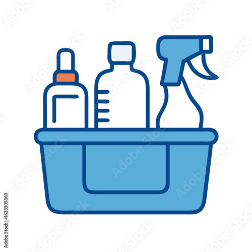 Cleaning supplies arranged in caddy for home maintenance and organization  