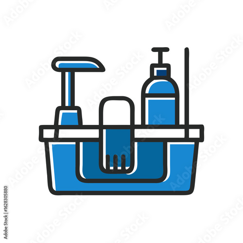 Cleaning caddy with bottles and cloth in blue color  