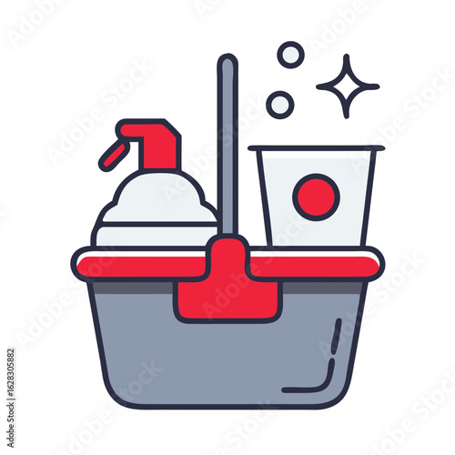 Cleaning caddy with cleaning supplies and a cup for proper nutrition  