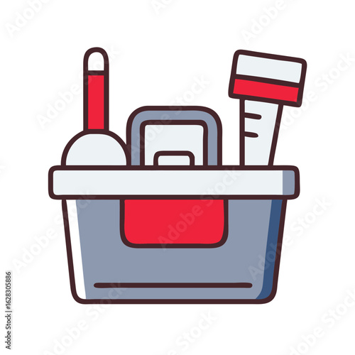 Cleaning caddy with various supplies in red and gray colors  