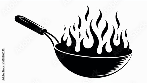 Black and white silhouette illustration of a wok cooking with flames and smoke