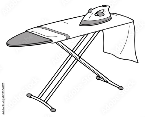 Ironing board with iron and cloth in a minimalist design  
