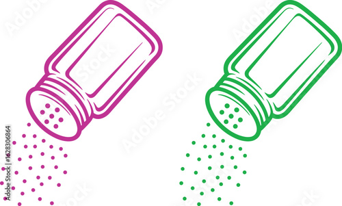 Illustration of a pink salt shaker and a green salt shaker with salt coming out on a white background