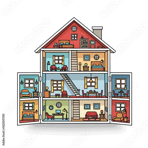 Flat vector dollhouse with open rooms and miniature furniture, isolated on white background