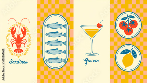 Vintage food and drink illustrations including lobster sardines cocktail tomatoes and lemon retro